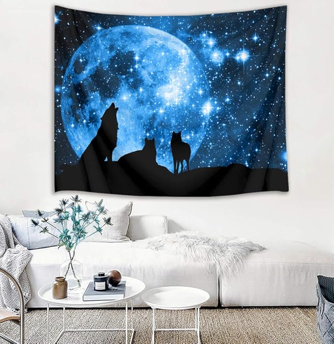 HVEST Wolf Tapestry Wolves on Mountain Wall Hanging Full Moon in Starry Sky Tapestries for Kids Bedroom Living Room Dorm Party Wall Decor,59Wx51H inches