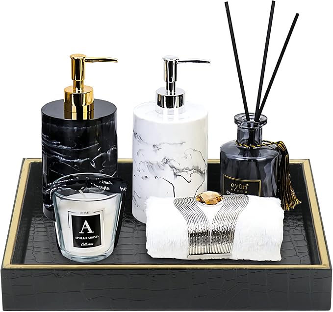 HofferRuffer Faux Leather Vanity Tray, Elegant Desktop Storage Organizer, Decorative Catchall Perfume Tray, Bathroom Valet or Nightstand Dresser Organizer (Black Croco)