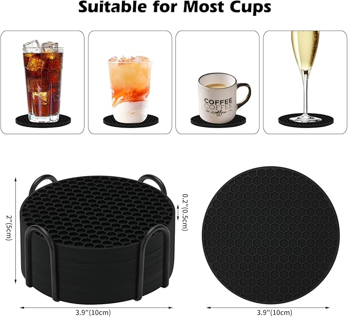 Silicone Coasters Set of 8 with Holder,Coasters for Drinks,Beer,Coffee Coasters,Suitable for Kinds Cups,Hot or Cold,Anti-SLI,Non-Stick,Anti-Overflow Tabletop Protection and Decor (8 Pcs, Black)