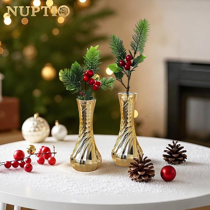 NUPTIO Glass Bud Vase Gold: 6 Pcs Small Flower Vases for Wedding Party Table Centrepiece - Vintage Ribbed Vase for Home Birthday Reception Decorations