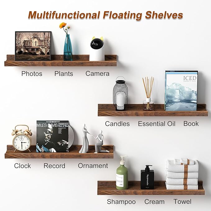 Floating Shelves for Wall, Solid Pine Wood Floating Shelf with Lip for Bedroom, Living Room, Kitchen, 24 Inch Wall Mounted Storage Shelves for Room Decor Organizers Set of 4 (Walnut, 4Pack 24inch)