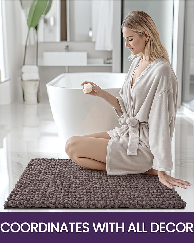 DEXI Bathroom Rugs 17x30, Non Slip Washable Bath Mat, Luxury Chenille Super Absorbent Thick Bathmats for Shower Floor, Plush Fluffy Shaggy Carpet for Tub, Brown