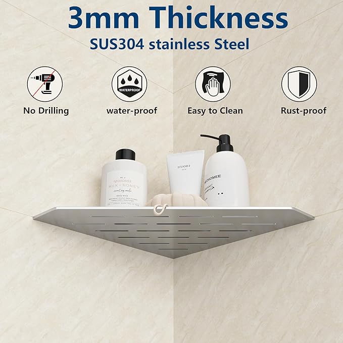 Brushed Corner Shelf, Floating Corner Shelves for Tile Wall, Tile Shower Shelf, 304 Stainless Steel Wall Storage Shelves for Bathroom, No Drilling, 10 Inch, 1 Pack