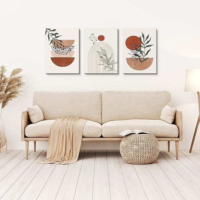 Boho Wall Art Prints, Boho Wall Decor, Abstract Geometric Prints Black Beige Terracotta Minimalist Art, Natural Framed Canvas Prints Artwork For Living Room Bathroom Bedroom Wall Decor