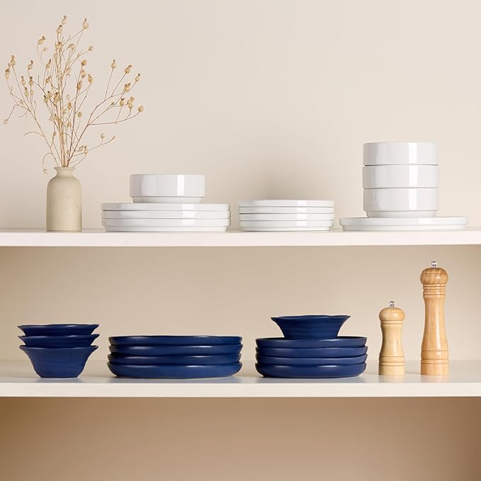 Kook Ceramic Dinnerware Set, 12 Piece, Organic Shape, Dinner Plates, Salad Plates, Soup Bowls, Microwave and Dishwasher Safe, Service for 4, Navy Spiral Pattern