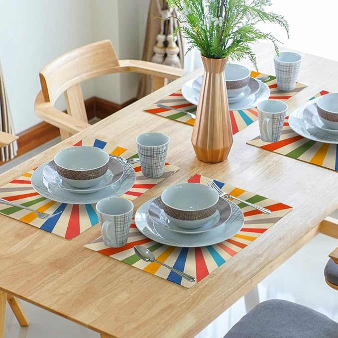 Colorful Boho Placemats Set of 6 Rustic Retro Rainbow 70s Sun Linen Washable Kitchen Dining Table Mats Stain Heat-Resistant Desktop Decor Place Mats for Home Party Indoor 12x18 in