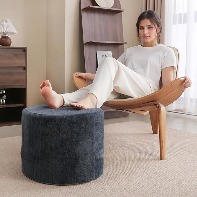 Tiita Stuffed Pouf Ottoman, Round Foot Stool Fluffy Floor Poufs Chair for Living Room Bedroom, Filled Boho Foot Rest for Couch, Blue-Grey