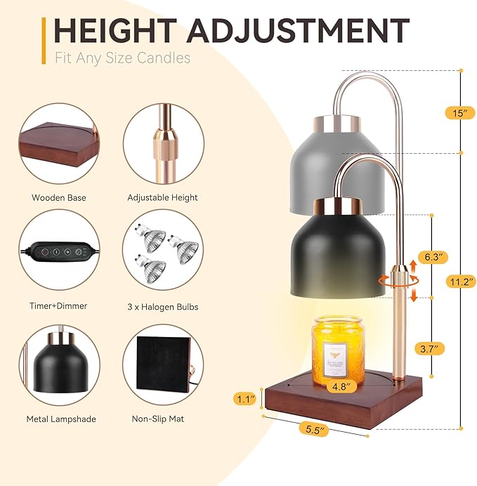 Candle Warmer Lamp with 3 Bulbs, Adjustable Height Dimmable Candle Warmer with Timer, Compatible with Large Jar Candles, Candle Lamp with Charming Gift Box Ribbon for Her/Him(Black)
