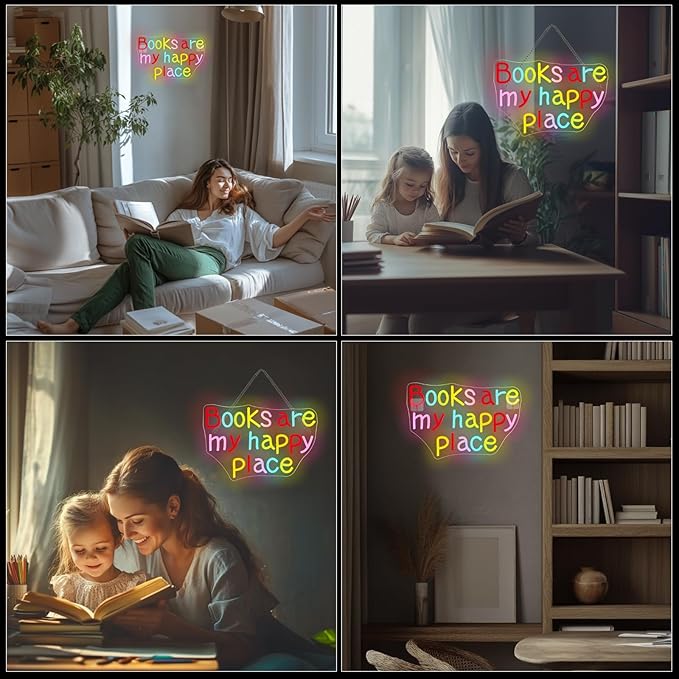 Books Are My Happy Place Neon Sign Letter Led Neon Signs Classroom Read Books And Be Kind Neon Light For Wall Decor Dimmable Colorful Light Up For Library Classroom Reading Room Bookstore Bookish Decoration Kids Gifts