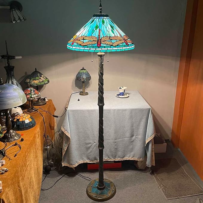 Bieye LB001 Tiffany Style Twisted Dragonfly Floor Lamp Base - Made of Metal - Decorated with Mosaic Stained Glass