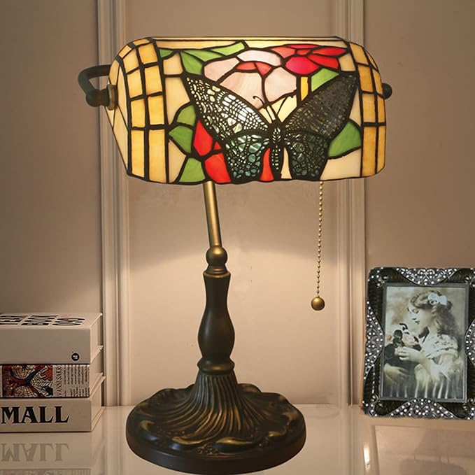 Tiffany Style Bankers Table Lamp Stained Glass Piano Desk Lamp Vintage Bedroom Bedside Lamp for Study,Antique Alloy Base,Zipper Switch,Butterfly