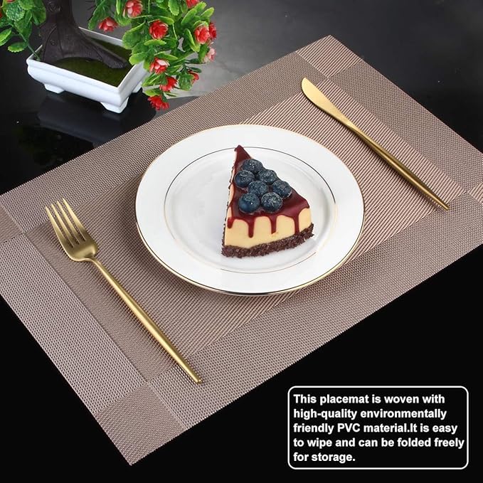 DACHUI Placemats Set of 8, Stylish Woven Place Mats for Dining Table, Washable & Durable PVC Table Mats (Champagne)