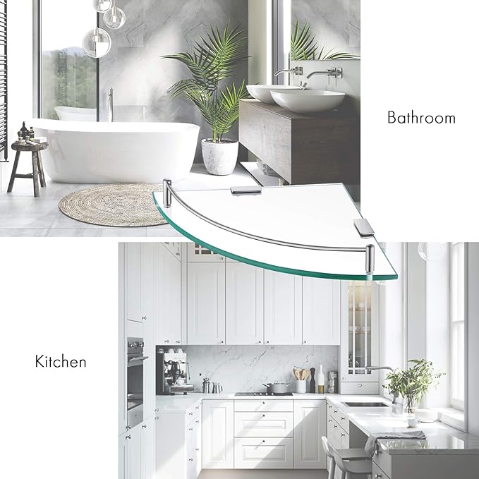 KES Glass Corner Shelf for Bathroom Corner Shelf 2 Pack Tempered Glass Shelf with Rail SUS 304 Stainless Steel Wall Mounted Brushed Finish, BGS2101A-2-P2