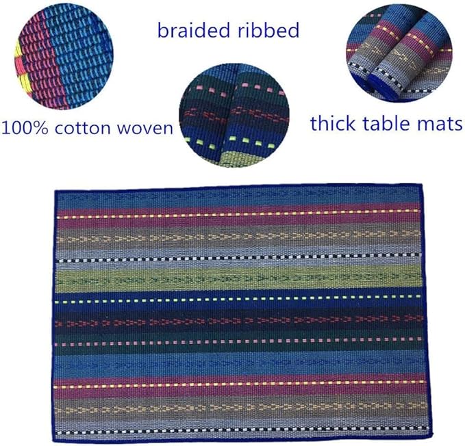 WAZAIGUR Hand Woven with 100% Cotton Placemats Colorful Placemats Braided Ribbed Durable Heat-Insulation Table Mats Set of 8,Blue