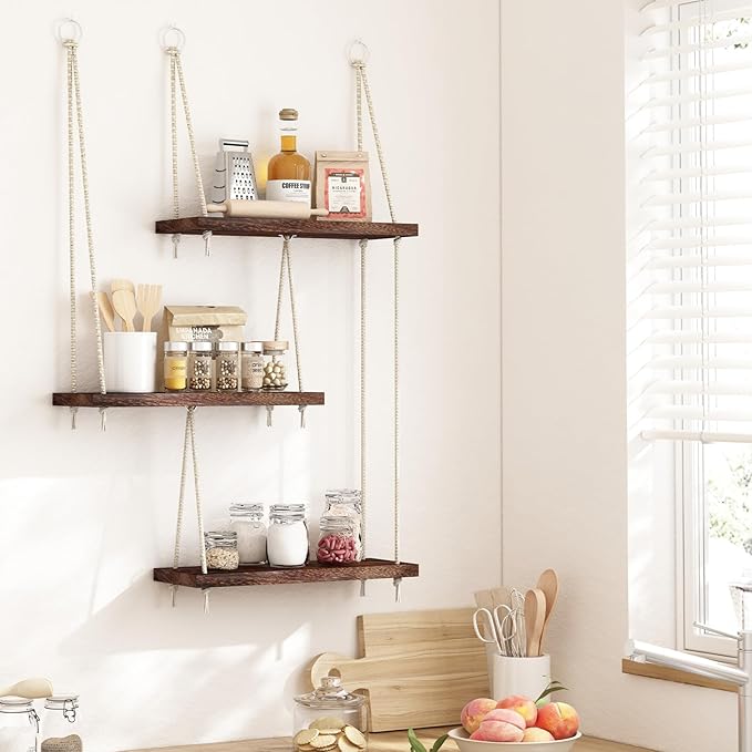 Fixwal Hanging Shelves for Wall, 3 Tier Boho Wall Decor Hanging Plant Shelf Floating Shelves Rope Rustic Wood Organizer Storage Hanger Rack for Aesthetic Home Bedroom Kitchen Bathroom - Dark Brown