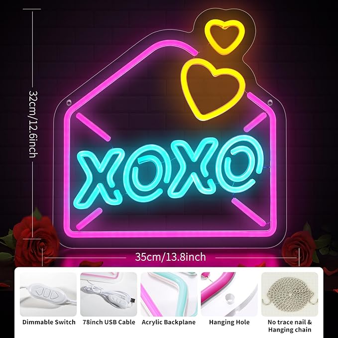 Love Neon Sign for Wall Decor, XOXO Pink Neon Light for Lover, LED Night Light with Dimming Switch for Bar Pub Store Club Garage Home Party Décor, Bedroom Decorations, 13.8" x 12.6"