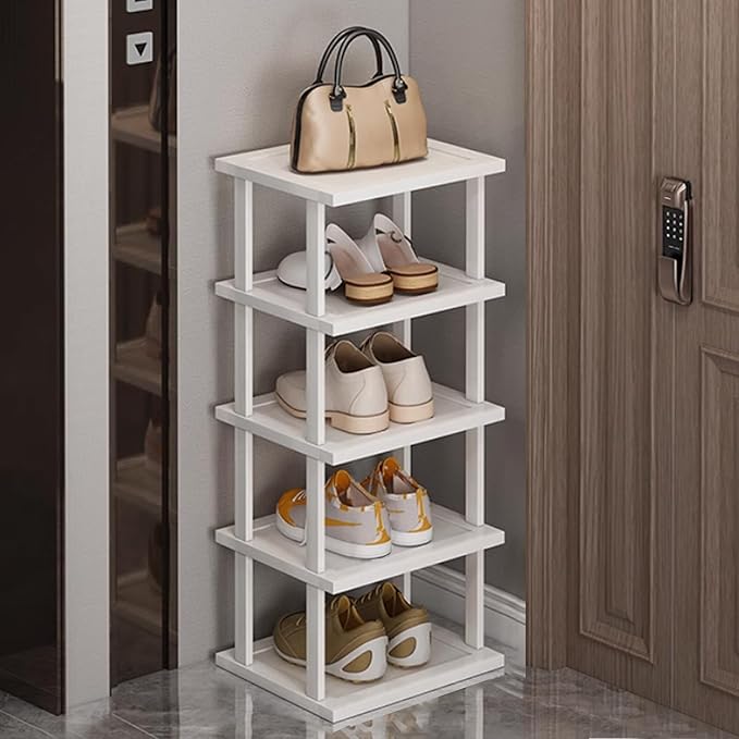 Bamboo Shoe Rack 5Tier- Vertical White Shoe Rack for Small Spaces, Tall Narrow Shoe Rack Organizer for Closet Entryway Corner Garage and Bedroom,Skinny Shoe Shelf with Free Stackable DIY