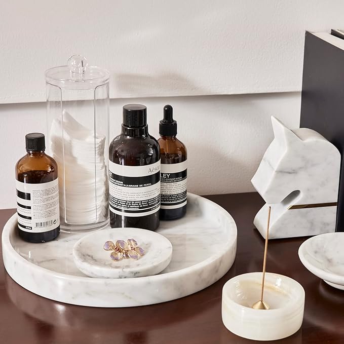 ๐๐ฎ๐ฑ๐ฎ๐ซ๐ฒ ๐๐ญ๐๐ฅ๐ข๐๐ง 100% Marble Round Vanity Tray 10โโ, Minimalist Modern Decor & Serving Trays for Bathroom, Kitchen, Nightstand, Jewelry Ring Dish Holder, Table Accents Decor, White