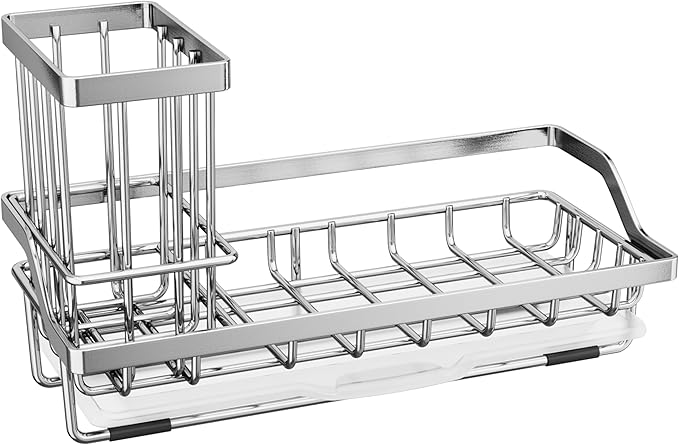 SWTYMIKI Kitchen Sink Caddy Sponge Holder, Kitchen Sink Organzier and Storage with High Brush Holder and Drip Tray for Dish Sponges, Silver