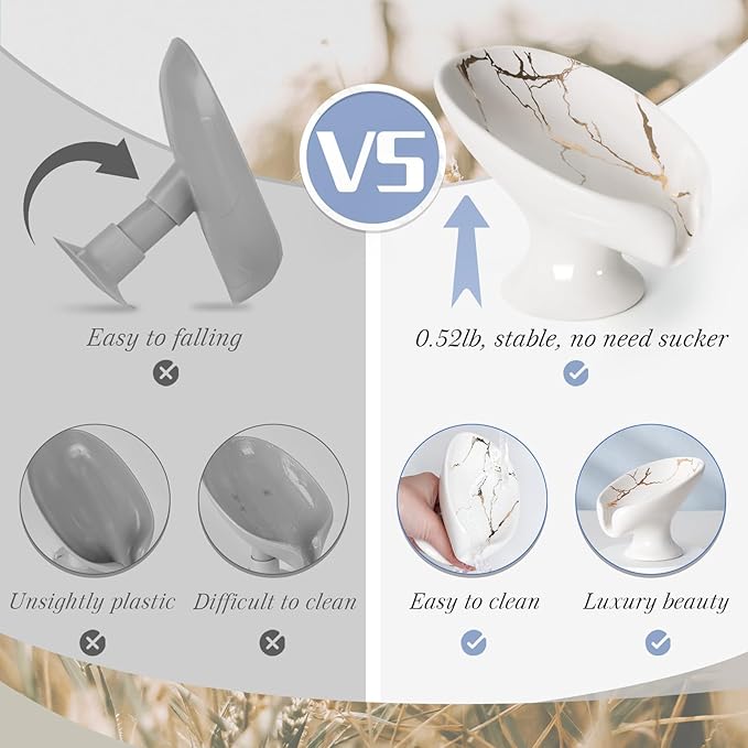 Soap Dish Set, Self Draining Bar Soap Holder for Bathroom Sink, Leaf Shaped Drainage Ceramic White Marble Porcelain Soap Dishes, Kitchen Decorative Soap Dish 2PACK, ANTIS'S HOME