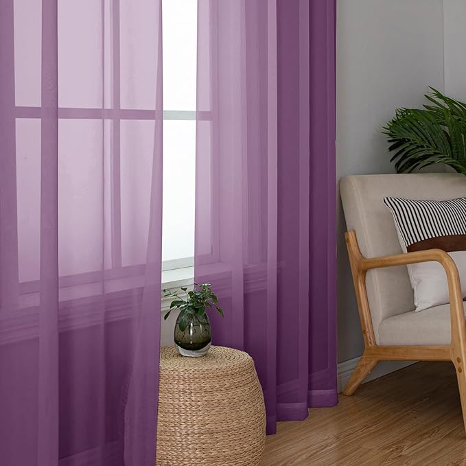 Aiyufeng Plum Purple Sheer Curtains 90 Inches Long 2 Panels, Solid Voile Top Dual Rod Pockets Stylish Breathable Drapes Window Treatment for Kid's Room/Bedroom/Living Room, 42W x 90L inches