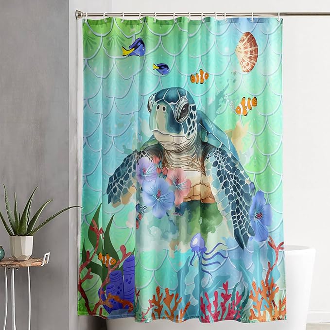 AILONEN Cartoon Sea Turtle Shower Curtain,Kawaii Sea Animal Bathroom Curtains for Kids,Girls,Watercolor Green Ocean Theme Shower Curtains Set with Hooks for Bathroom,72" W*84" H