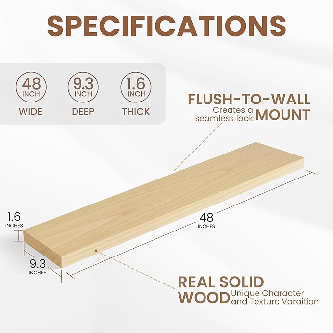 48" Solid Wood Floating Shelves, 9.3 Inch Deep Floating Shelves for Wall, Rustic Wooden Shelves for Wall Decor, Large Fireplace Mantel for Storage, Deep Floating Shelf Set of 1, Natural Color