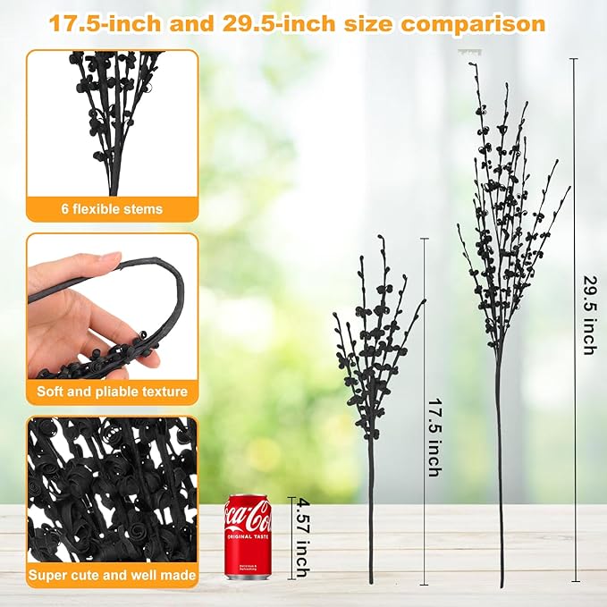 10Pcs 17.5'' Black Flowers Artificial Jasmine Black Faux Flowers DIY Floral Art for Halloween Centerpieces Gothic Home Wedding Bouquets Office Vases Independence Day Decor
