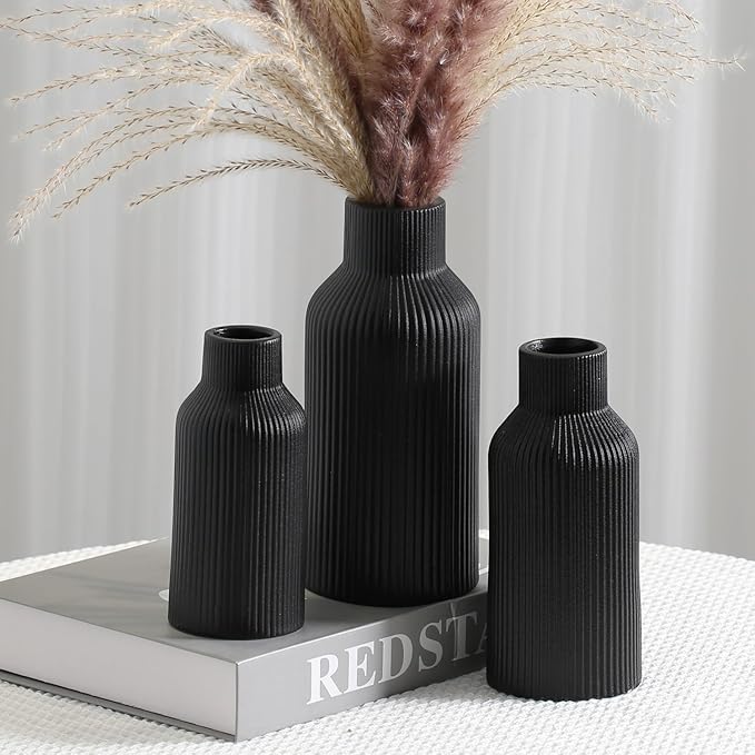 Black Ceramic Flower Vase Set of 3, Pampas Grass Small Vase for Dining Table, Shelf Decor, Mantel, Entry Decor and Centerpieces, Minimalist Modern, Bohemian