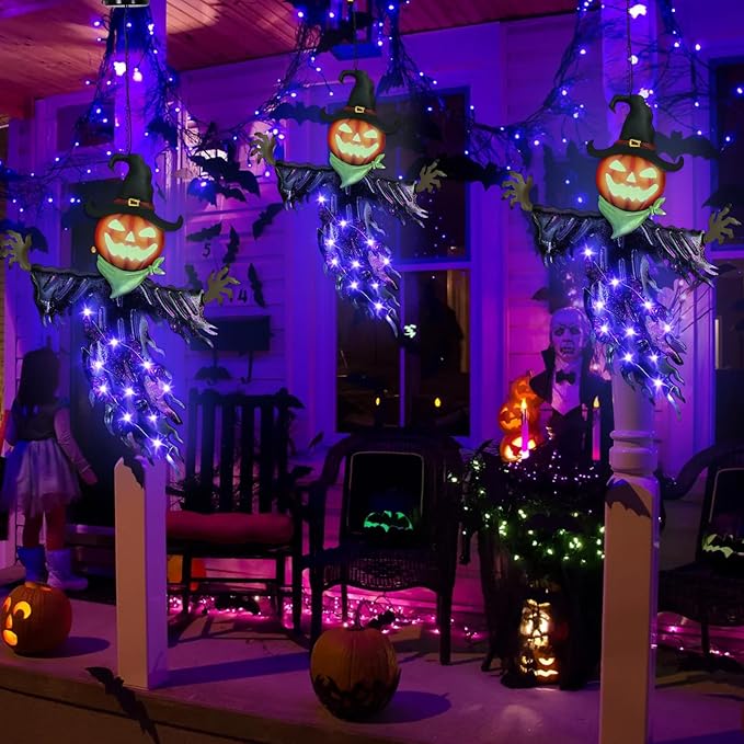 ILLUMINEW Solar Halloween Metal Hanging Decorations Outdoor, Solar Powered Lighted Metal Pumpkin with Glowing Eyes for Halloween Outdoor Tree, Wall, Porch, Patio Decor (Pumpkin)