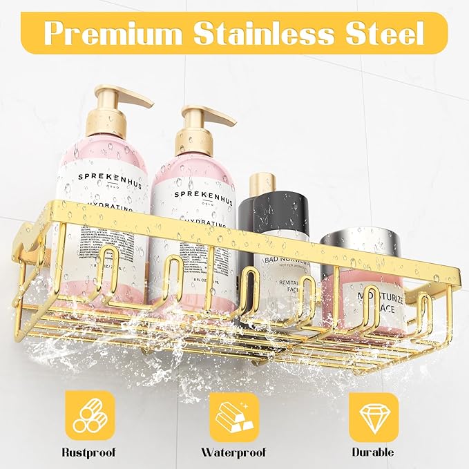 2 Pack Adhesive Shower Caddy, Rustproof Stainless Steel Shower Racks for Bathroom Organizers & Storage, Gold Wall Mounted Shower Shelves for Inside Shower Apartment Bathroom Essentials