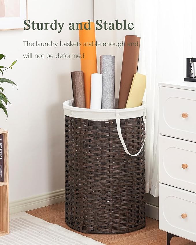 Large Laundry Hamper Laundry Basket Round 34.3 Gal (130 L) Handwoven Wicker Laundry Baskets Rattan Laundry Basket with Removable Bag Handles 2 Mesh Bags for Living Room Bedroom Brown