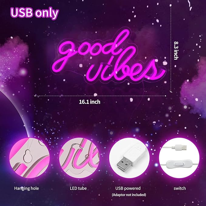 DECANIT Good Vibes Neon Sign for Wall Decor Powered by USB Neon Light for Bedroom Decor, Pink Color,16.1"x 8.3"x 0.6"