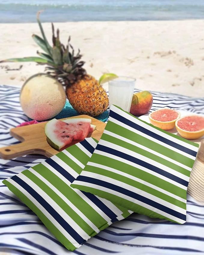 Outdoor Waterproof Throw Pillow Covers Set of 2 Navy Blue Green Stripes Decorative Outdoor Pillows Cushion Case 24x24 Inch Classic Striped Patio Pillows for Couch Sofa Bed Garden Office Home Decor