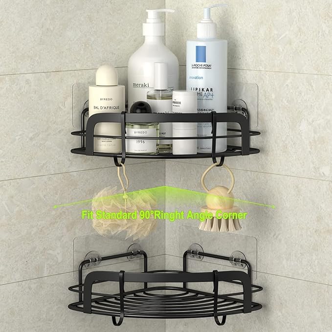 STEUGO Black Bathroom Corner Shower Shelfs, Adhesive Wall Mounted Shower Caddy with 4 Movable Hooks, Rustproof Stainless Steel Bathroom Shower Organizer, No Drilling Wall Mount 2-Pack