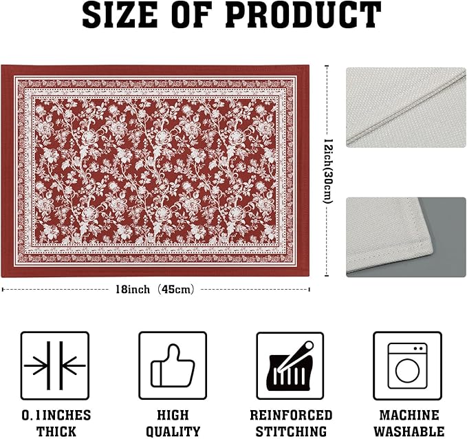 Red Placemats Set of 4,Vintage Chinoiserie Flower Branches Place Mats Heat Resistant Dining Table Mats 12 x 18 Inch Non-Slip Washable Desk Mats for Party Kitchen Dining Decoration