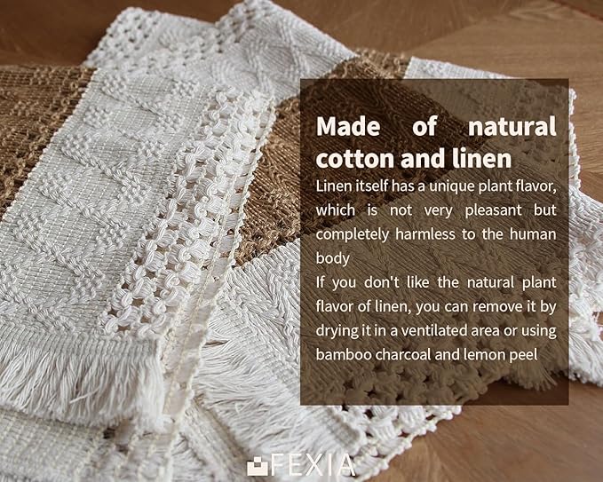 FEXIA Boho Placemats Set of 4, Macrame Table Decor Farmhouse Style Placemats in Natural Cotton Burlap, for Kitchen and Dining Table Centerpiece Home Decorations