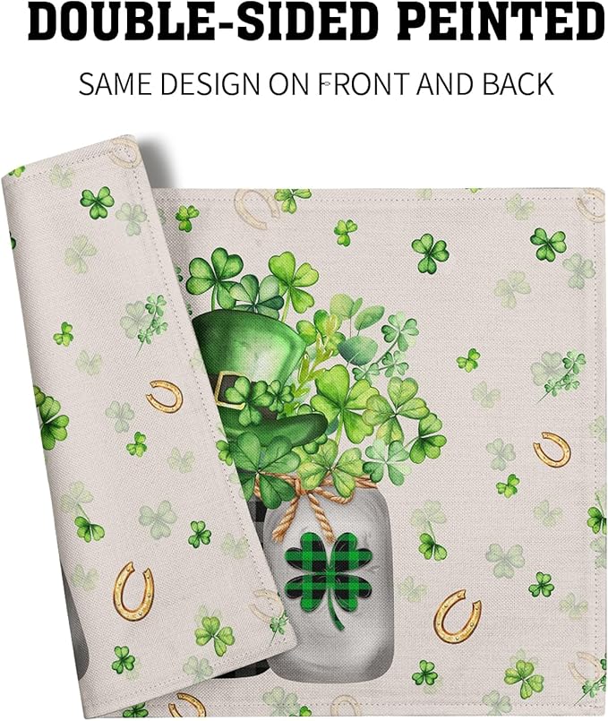 Giwawa 12"x18" Patrick Vases Placemats Set of 4 Lucky Shamrocks Horseshoes Mason Jars Place Mat Spring Clovers Leaf Elf Hat Washable Linen Table Mats for Party Kitchen Dining Holiday Decor