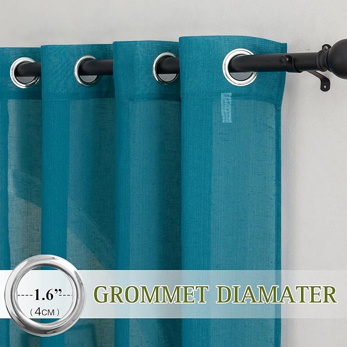 NICETOWN Linen Sheer Curtains 63 inch Length 2 Panels,Grommet Semi Sheer Drapes Privacy with Light Through Window Treatments for Bedroom/Living Room, Peacock Green, W52 x L63