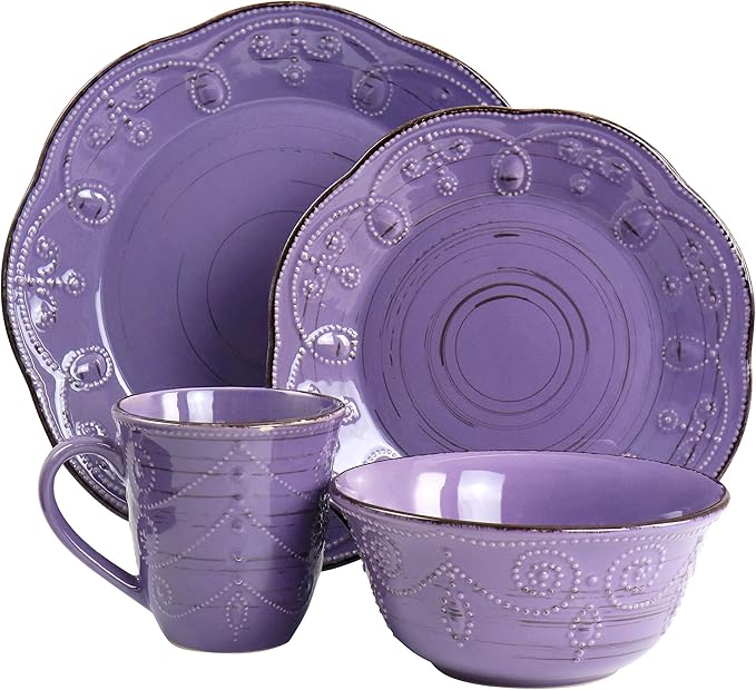 Elama Rustic Birch 16 Piece Stoneware Dinnerware Set in Purple, (EL-RUSTICBIRCH)