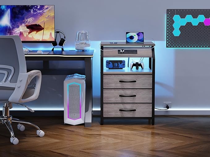 Night Stand Set of 2, Nightstands with Charger Station and LED Lights, End Tables Set with 3 Fabric Drawers, Storage Side Tables for Bedside, Living Room, Greige