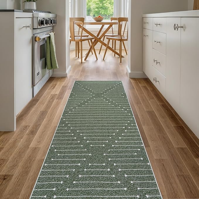 LIVEBOX Green Runner Washable Rug 2'x6', Boho Long Hallway Runner Rugs, Moroccan Woven Kitchen Runners, Entryway Throw Rug Indoor Cotton Mat for Bedroom Laundry Bathroom(Green & White)