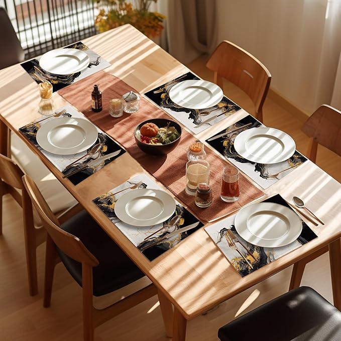 White Black Placemats Set of 6,Washable Heat Resistant 12×18 Inch Linen Table Mats Golden Marble Place Mats for Party Outdoor Dining Décor