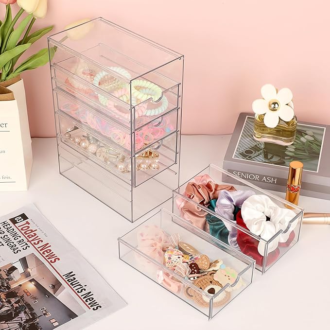 Hipiwe 5-Drawers Plastic Storage Organizer, Clear Hair Accessories Organizer with Large Capacity for Bathroom, Dresser, Cosmetic Hair Tie Container for Girls Women