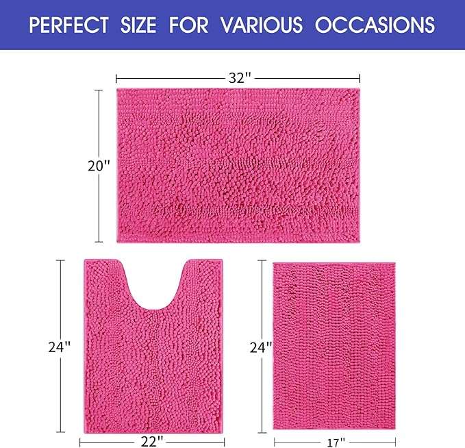 ACCUMTEK Striped Hot Pink Bathroom Rug Set 3 Pieces Ultra Soft, Non Slip Chenille Toilet Mat, Absorbent Plush Shaggy Bath Mats for Bathroom, Bedroom, Kitchen, Peach