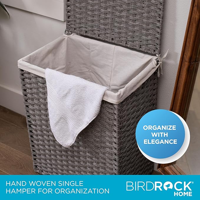 BIRDROCK HOME Laundry Hamper with Lid - Hand Woven PE Rattan Clothes Basket with Removable Liner Bag - Small Collapsible & Foldable Laundry Bin Organizer Storage for Bathroom, Bedroom - Single, Grey