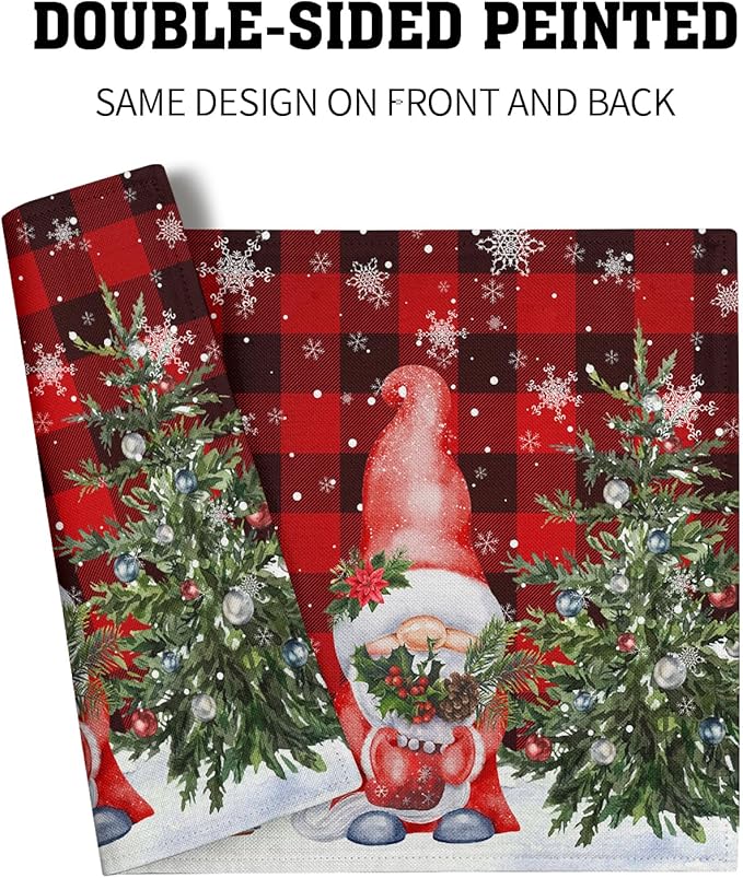 Giwawa Winter Gnomes Placemats Set of 4, Christmas Snowflakes Xmas Trees Linen Table Mats, Red Black Buffalo Plaids Non-Slip Place Mats for Kitchen Dining Holiday Decor, 12x18 Inch