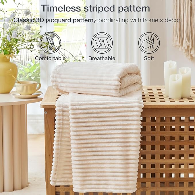 EXQ Home Fleece Throw Blanket for Couch or Bed - 3D Ribbed Jacquard Decorative Blankets - Cozy Soft Lightweight Fuzzy Flannel Blanket Suitable for All Seasons(50"×60",Beige)