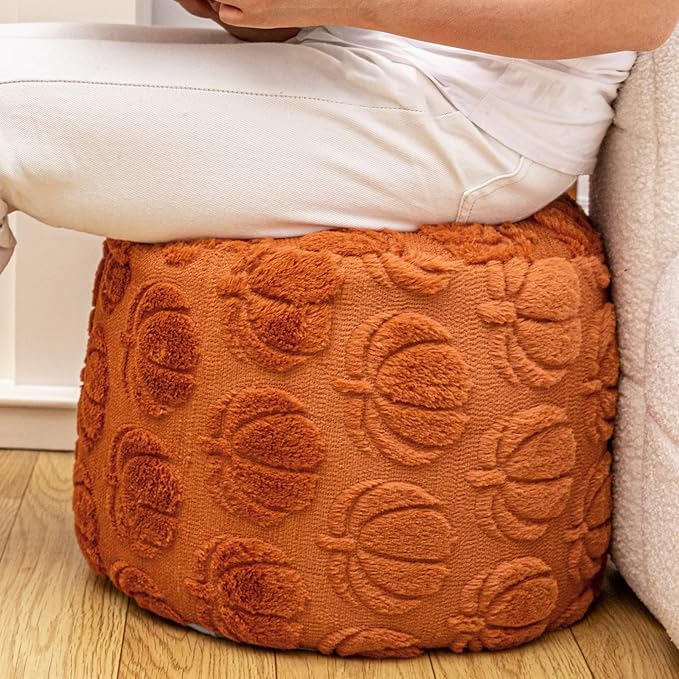 Asuprui Round Stuffed Ottoman Modern Supportive Foam Ottoman Foot Rest Furry Pouf Foot Stool 18x14 Inches Floor Poufs Foot Rest for Living Room Bedroom (Rust)