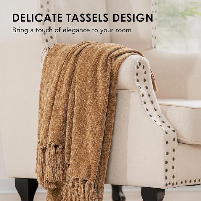 EVERGRACE Soft Chenille Throw Blanket for Couch, Cozy Plush Fuzzy Decorative Chenille Knit Throw Blanket with Tassels, Lightweight Blanket and Throws for Bed Sofa Gift Home Decor, Khaki 50"x60"